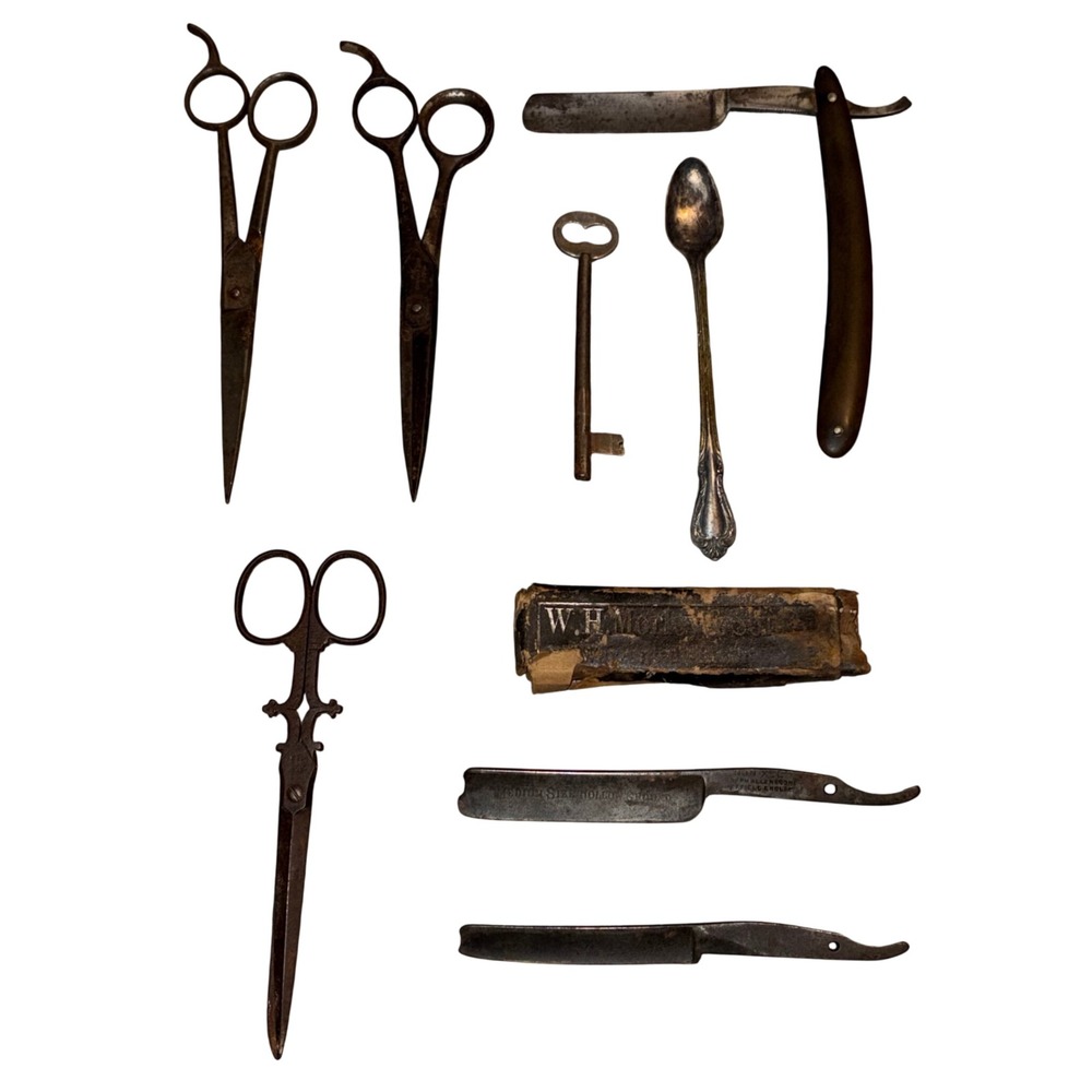 Vintage Antique Barber Tool Lot Germany Straight Razors Scissors Skeleton Key